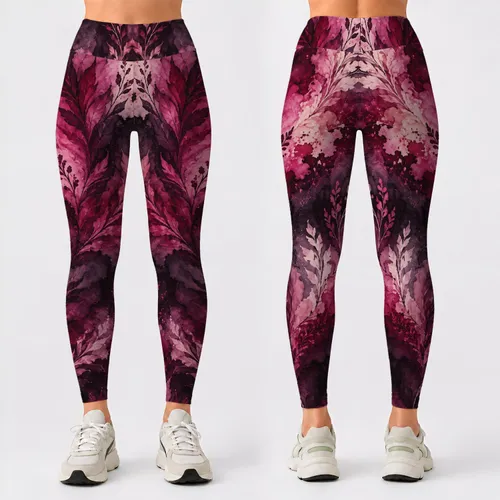 Fuchsia Burgundy Marbled Botanical Wash for Bold Weekend Streetwear and Everyday Style Leggings