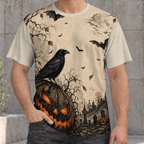 Raven Pumpkin Graveyard Halloween Scene For Autumn Seasonal Wear All-over Print Unisex T-shirt