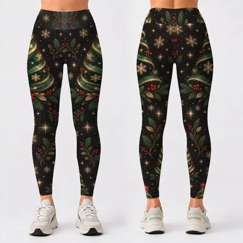 Emerald Christmas Trees And Golden Snowflakes For Elegant Holiday Celebrations Leggings