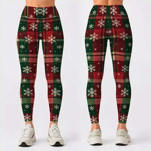 Red and Green Plaid Snowflake Holiday Style for Cozy Christmas Celebrations for Women Leggings