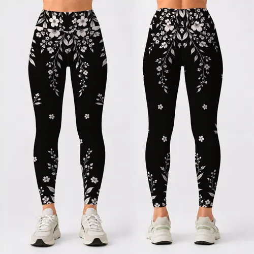 Black And Ivory Botanical Flowers For Elegant Everyday Style And Chic Wardrobe Looks Leggings