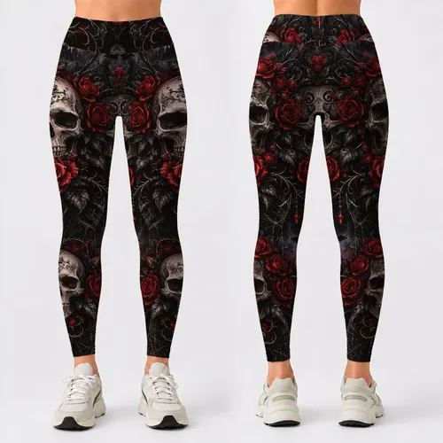 Gothic Skulls, Crimson Roses For Halloween Parties And Spooky Season Style For Her Leggings