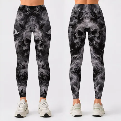 Monochrome Skull And Raven Motifs For Alternative Streetwear And Halloween Night Style Leggings