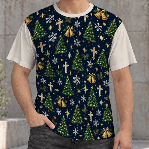 Navy Christmas Trees, Bells and Snowflakes for Festive Holiday Celebrations and Parties All-over Print Unisex T-shirt