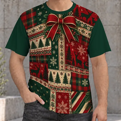 Red Green Holiday Patchwork with Bow and Reindeer for Christmas Party Style All-over Print Unisex T-shirt