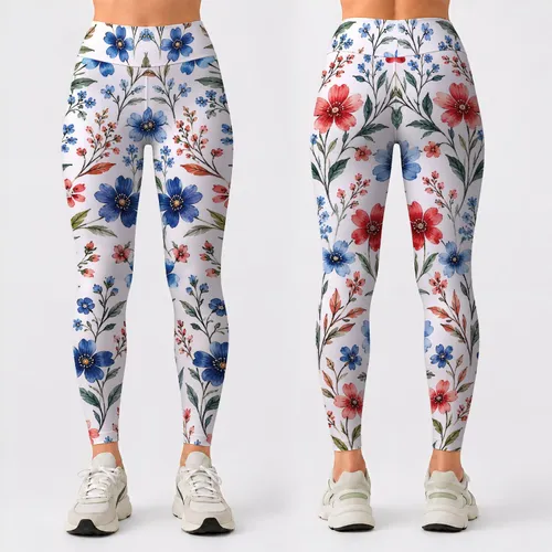 Red Blue Wildflowers on Ivory for Breezy Beach Days and Fresh Summer Outings for Her Leggings