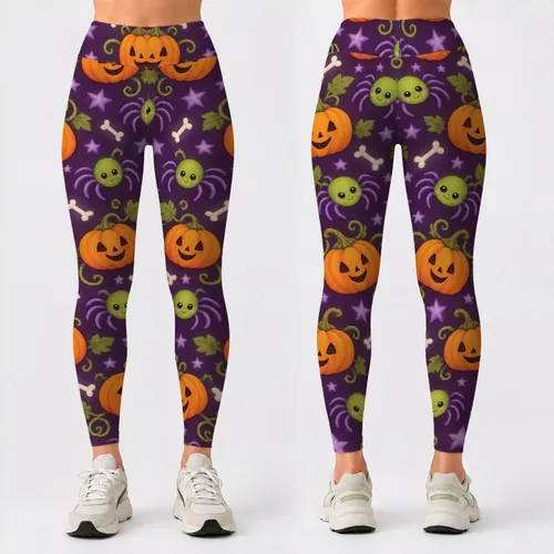 Cute Pumpkin Spider Bones and Stars for Playful Halloween Season Style Leggings