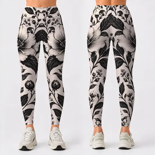 Black Botanical Blooms for Everyday Outings and Relaxed Commuting Leggings
