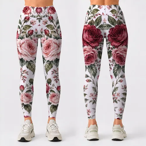 Rouge Rose Blossoms on Ivory for Garden Parties and Breezy Coastal Summer Getaways Leggings
