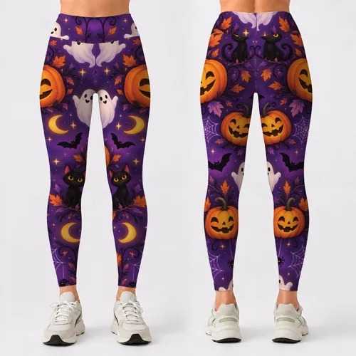 Purple Pumpkin Ghosts And Bats For Playful Halloween Celebrations And Autumn Nights Leggings