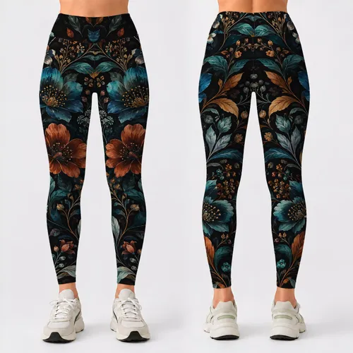 Jewel-Toned Botanical Motifs for Elegant Everyday and Evening Style for Women Leggings