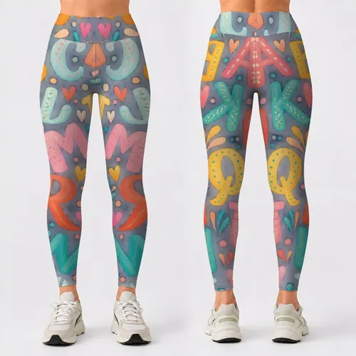 Colorful Retro Alphabet Motifs for Playful Everyday Style and Weekend Outings for Women Leggings