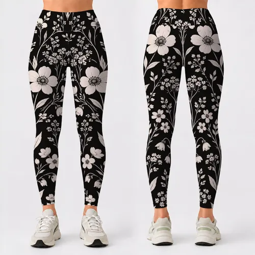 Ivory Wildflower Sprigs on Midnight Black for Everyday Casual Style and Weekend Layering Leggings