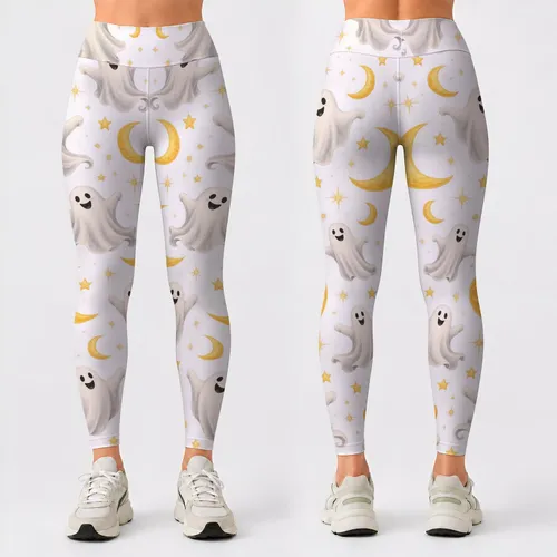 Friendly Ghosts and Golden Crescents for Playful Autumn Outings and Halloween Gatherings Leggings