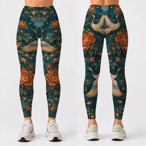 Teal Cranes And Copper Peonies For Elegant Everyday Outings And Relaxed Weekend Style Leggings
