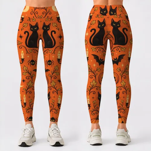Playful Bats, Pumpkins And Candles For Spooky Season And Halloween Festivities Leggings