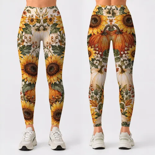 Pumpkin Sunflower Florals for Cozy Autumn Outings and Fresh Everyday Casual Style Leggings