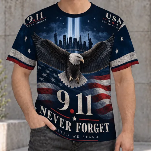 Twin Towers Memorial Eagle and Flag Tribute for September 11 Remembrance Patriotic All-over Print Unisex T-shirt