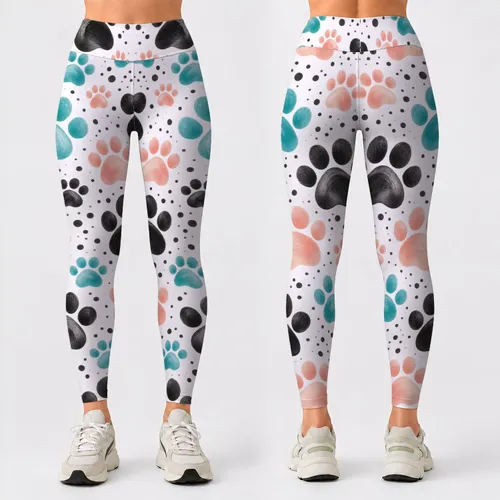 Puppy Paw Motifs in Blush and Teal for Casual Pet Lover Style Leggings