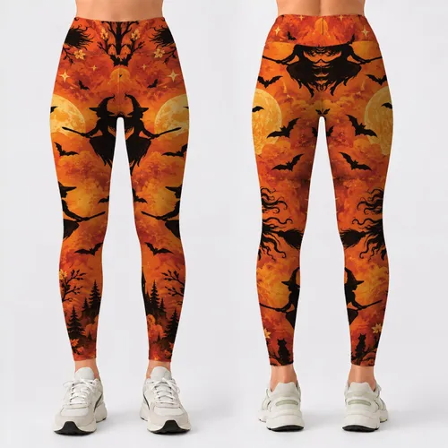 Playful Witch Silhouettes, Black Cats And Moons For Halloween Night Festivities Leggings
