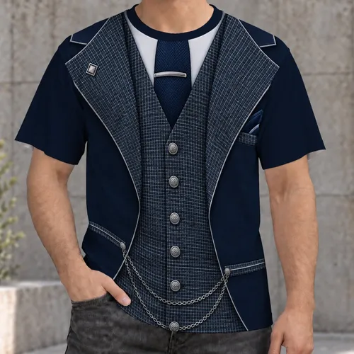 Navy Faux Suit Look with Plaid Waistcoat for Weddings and Parties, Smart Style for Men All-over Print Unisex T-shirt