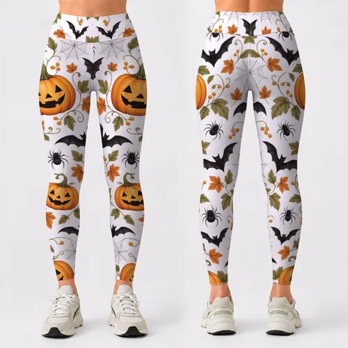 Smiling Pumpkins, Bats and Spiders for Festive Halloween Season Celebrations Leggings