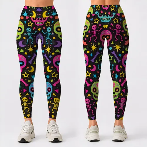 Neon Skeleton Skulls and Stars for Halloween Parties and Spooky Season Fun Leggings