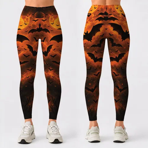 Flying Bats and Pumpkin Glow for Halloween Nights and Everyday Autumn Style for Women Leggings