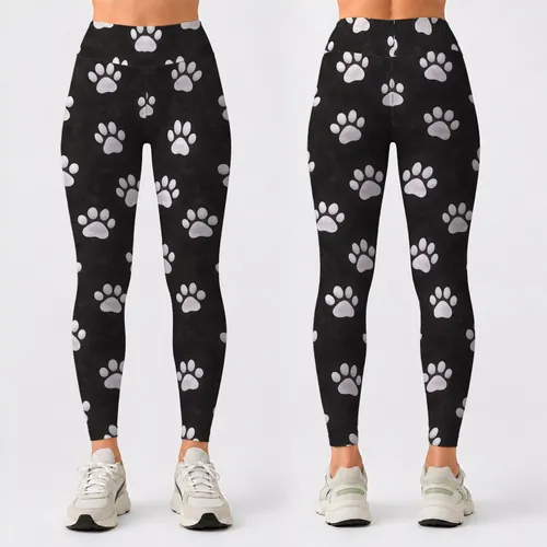 White Paw Motifs on Charcoal for Everyday Pet Lover Adventures and Spring Outings Leggings