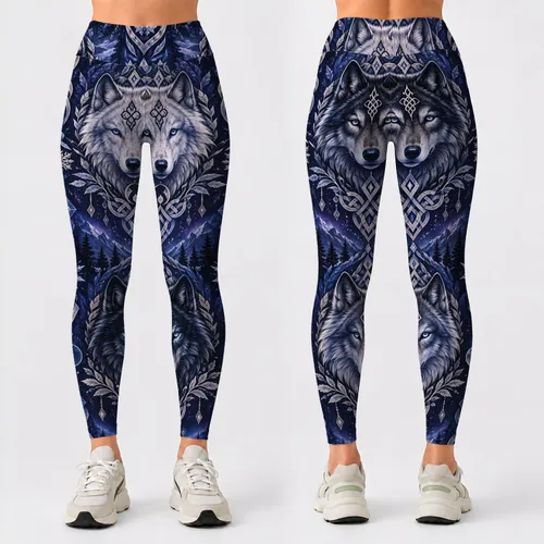 Norse Wolf Totem Motifs for Nordic Getaways and Everyday Outdoor Adventure Style Leggings