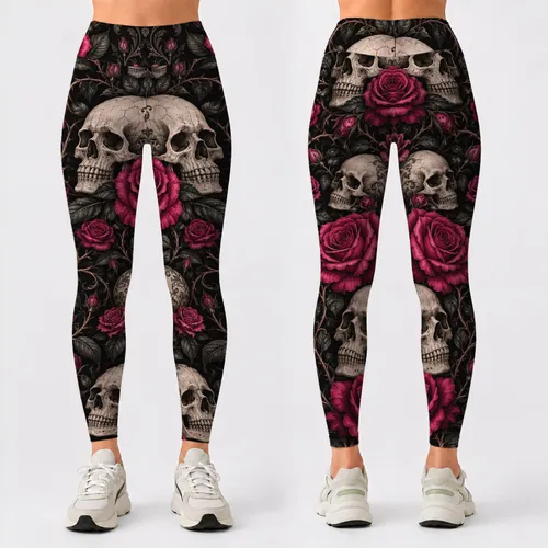 Gothic Skulls And Roses For Halloween, Dark Romantic Style And Year-Round Wear Leggings
