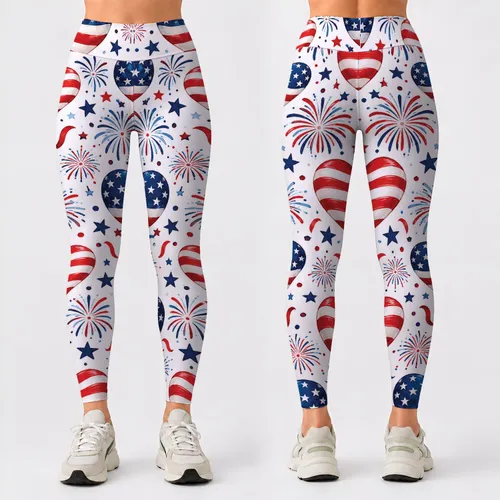 Patriotic Flag Hearts And Fireworks For Fourth Of July Celebrations And Summer Picnics Leggings