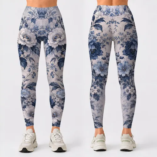 Blue and Ivory Vintage Botanical Florals for Relaxed Coastal Weekend Style for Women Leggings