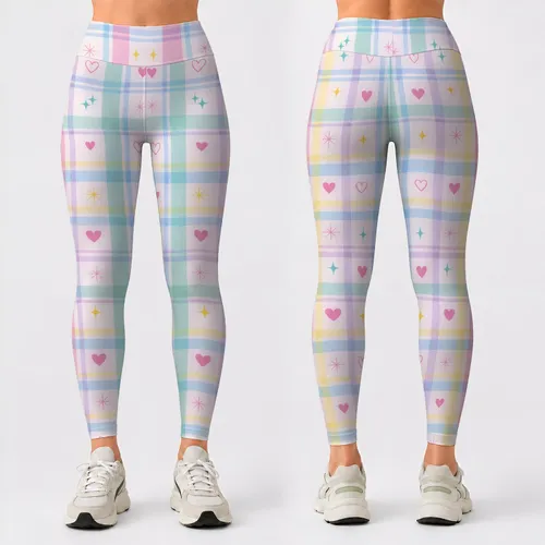 Pastel Tartan Hearts and Stars for Sweet Casual Everyday Style Leggings