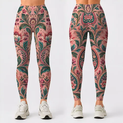 Pink Paisley Floral Motifs for Yoga, Travel, and Everyday Bohemian Lifestyle Wear Leggings