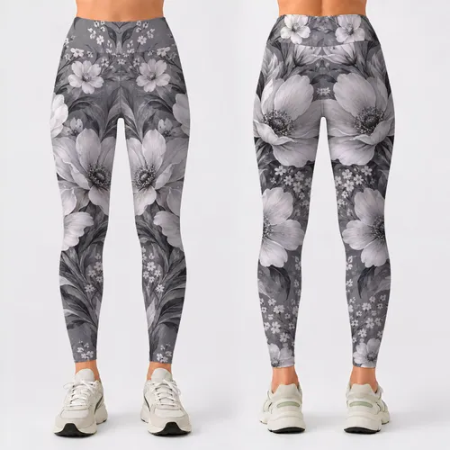 Silver Gray Wildflower Florals for Coastal Weekends and Everyday Relaxed Lifestyle Leggings