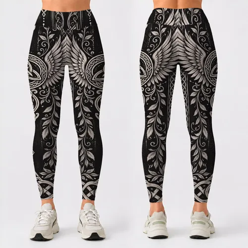Monochrome Winged Celtic Knot Emblem for Yoga, Festivals, and Everyday Bohemian Wear Leggings