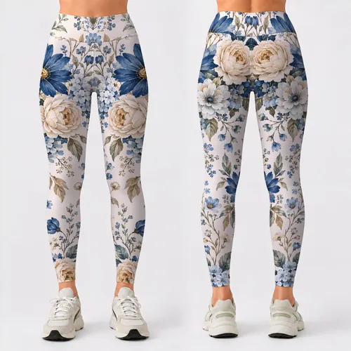 Blue And Ivory Wildflower Sprigs For Coastal Escapes And Relaxed Everyday Style Wear Leggings