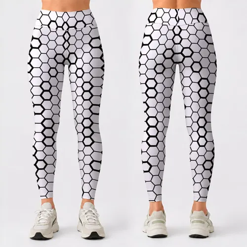 Black And White Honeycomb Hexagons For Chic Everyday Casual Style And Active Living Leggings