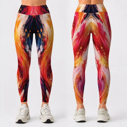 Vivid Red Orange Abstract Brushstrokes for Bold Summer Resort Style and Creative Everyday Wear Leggings