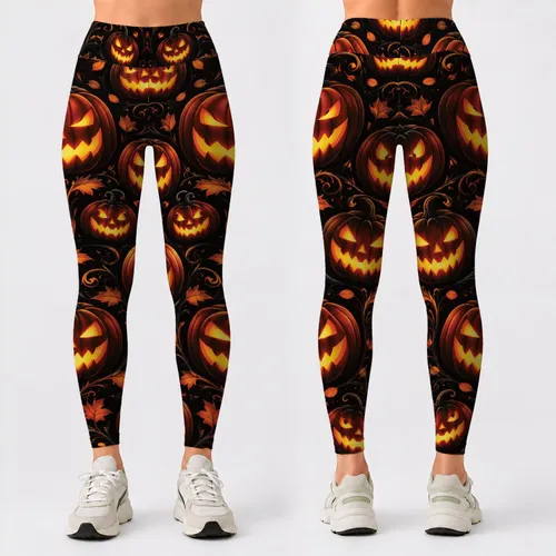 Glowing Jack-O'-Lantern Faces for Halloween Parties and Spooky Seasonal Style Wear Leggings