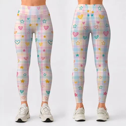 Pastel Plaid Hearts And Stars For Cheerful Spring Weekends And Everyday Colorful Living Leggings