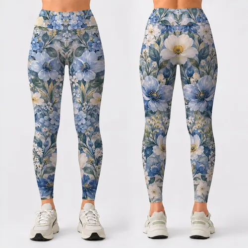 Blue And Cream Wildflower Blooms For Breezy Spring Getaways And Sunny Coastal Summer Days Leggings