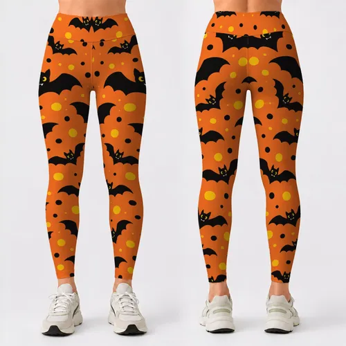 Orange And Charcoal Bat Motifs With Golden Dots For Halloween Parties And Autumn Nights Leggings