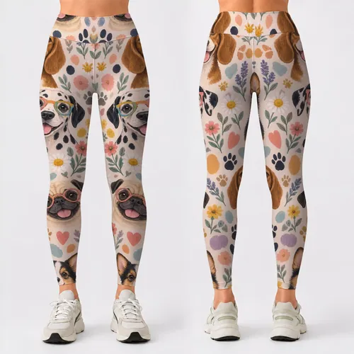 Pug And Puppy Faces With Glasses For Playful Pet Lover Everyday Style Leggings