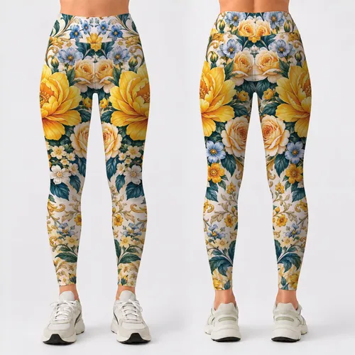 Yellow Rose and Marigold Blooms for Vacation, Commuting, and Sunny Everyday Style Leggings