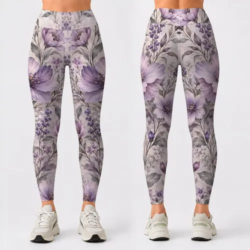 Lavender Wildflower Sprigs on Mist Gray for Coastal Summer Getaways and Garden Strolls Leggings