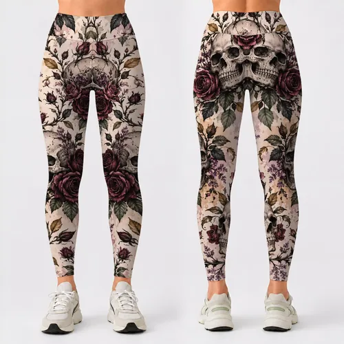 Gothic Skulls and Roses for Halloween Parties and Everyday Alternative Autumn Style Leggings