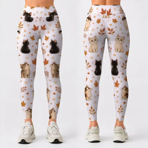 Autumn Kitten Faces and Ivory Polka Dots for Cozy Everyday Commuting Style for Women Leggings