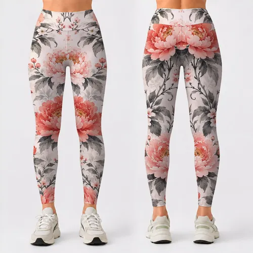 Coral Peony And Ink Wash Florals For Calm Everyday Style And Weekend Retreats And Yoga Leggings